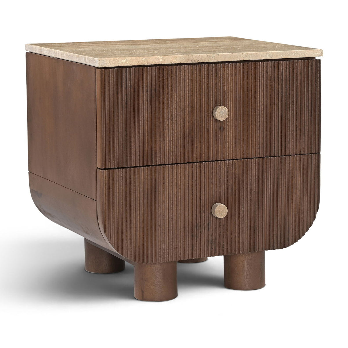 Mango wood nightstand with two drawers, light wood tabletop, round knobs