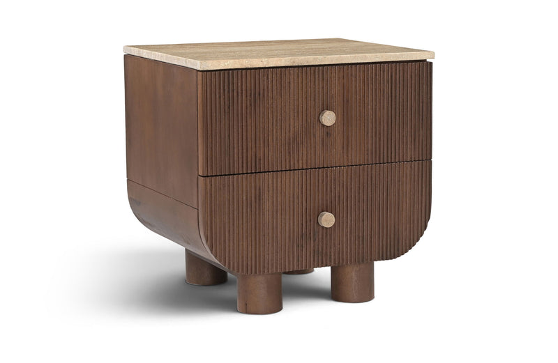 Mango wood nightstand with two drawers, light wood tabletop, round knobs