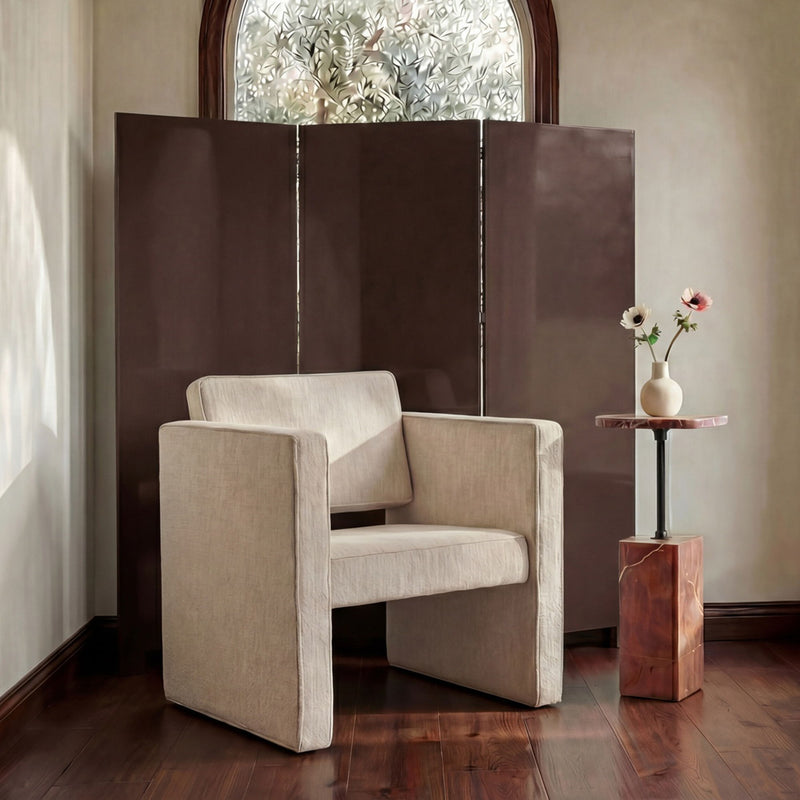 Three-panel dark brown folding room divider screen with metal hinge lines