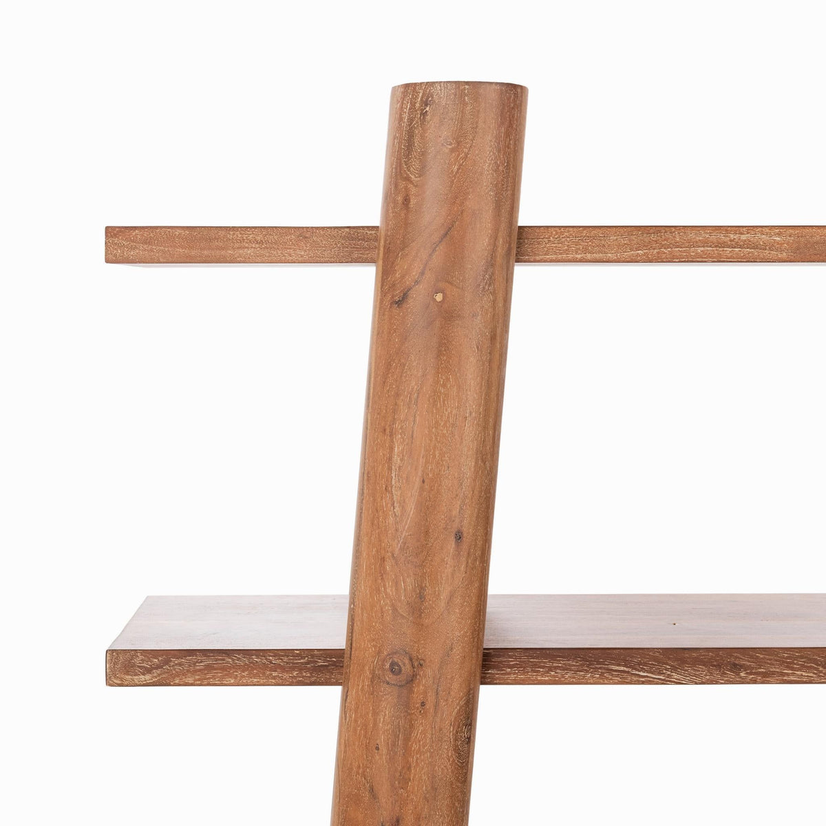 Golden wheat wood bookshelf close-up of vertical post and top crossbar
