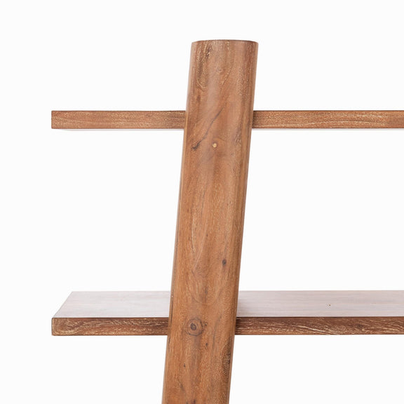 Golden wheat wood bookshelf close-up of vertical post and top crossbar