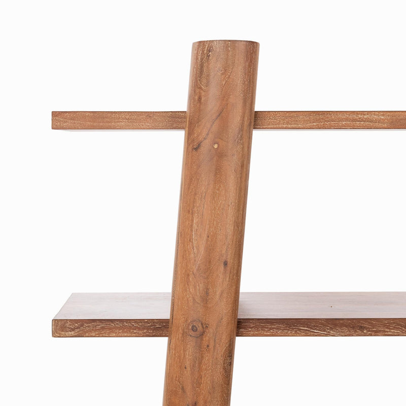 Golden wheat wood bookshelf close-up of vertical post and top crossbar