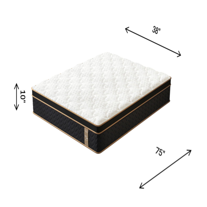 Hybrid mattress dimensions view: white plush top on black base with gold edge trim