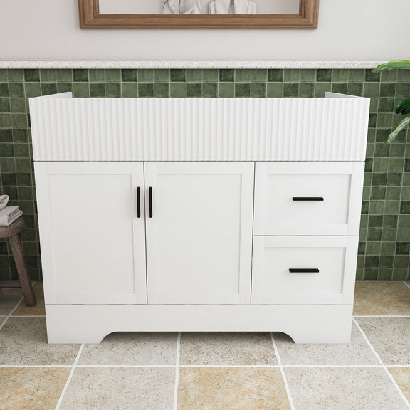 White bathroom vanity with ribbed top, 2 doors and 2 drawers, black bar pulls
