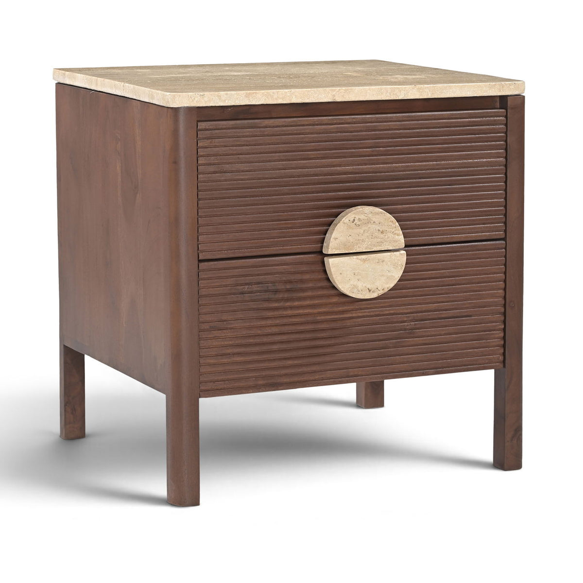 Dark brown acacia wood nightstand with beige stone top and single round drawer pull