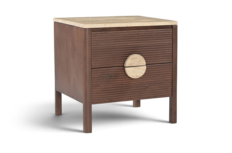 Dark brown acacia wood nightstand with beige stone top and single round drawer pull