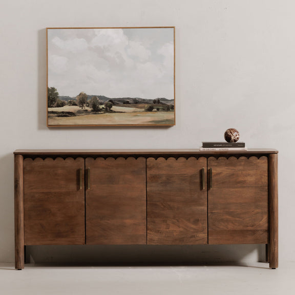 Vintage brown 4-door sideboard with scalloped top edge and tall vertical handle pairs