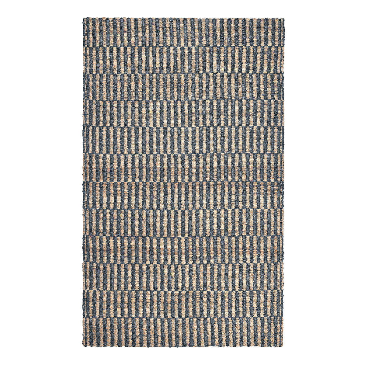 Blue jute rug with woven horizontal stripes, rectangular flat lay