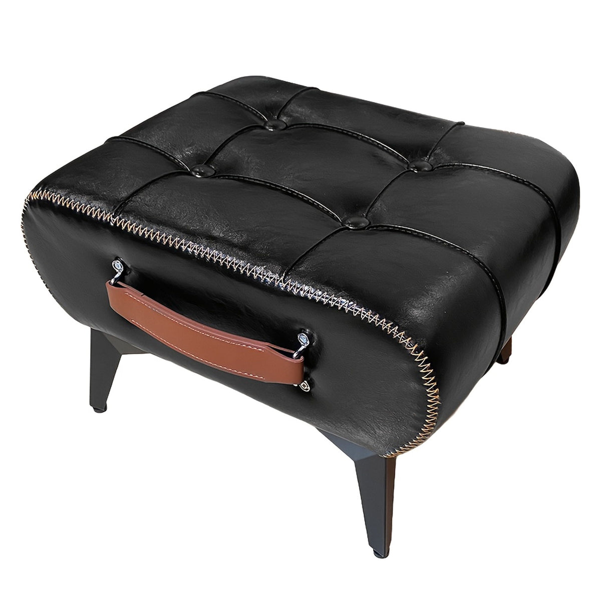 Minimalist footstool with hidden storage, black tufted cushion and brown handle strap
