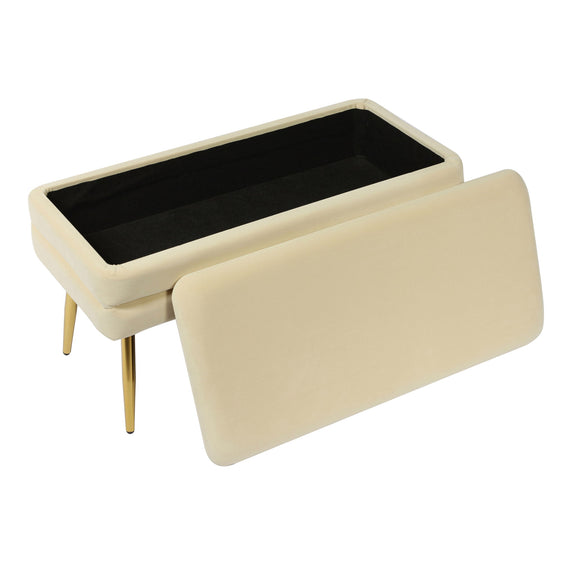 Ziva velvet storage bench in beige with open lid and dark interior storage.