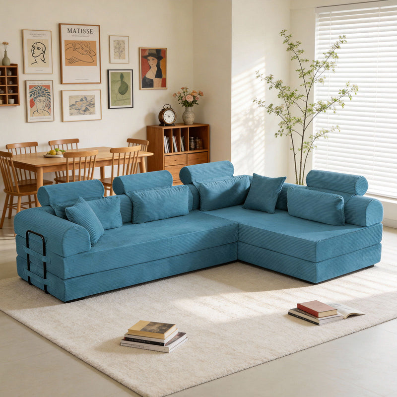 L-shape modular sectional sofa in teal blue fabric with thick seat and back cushions.