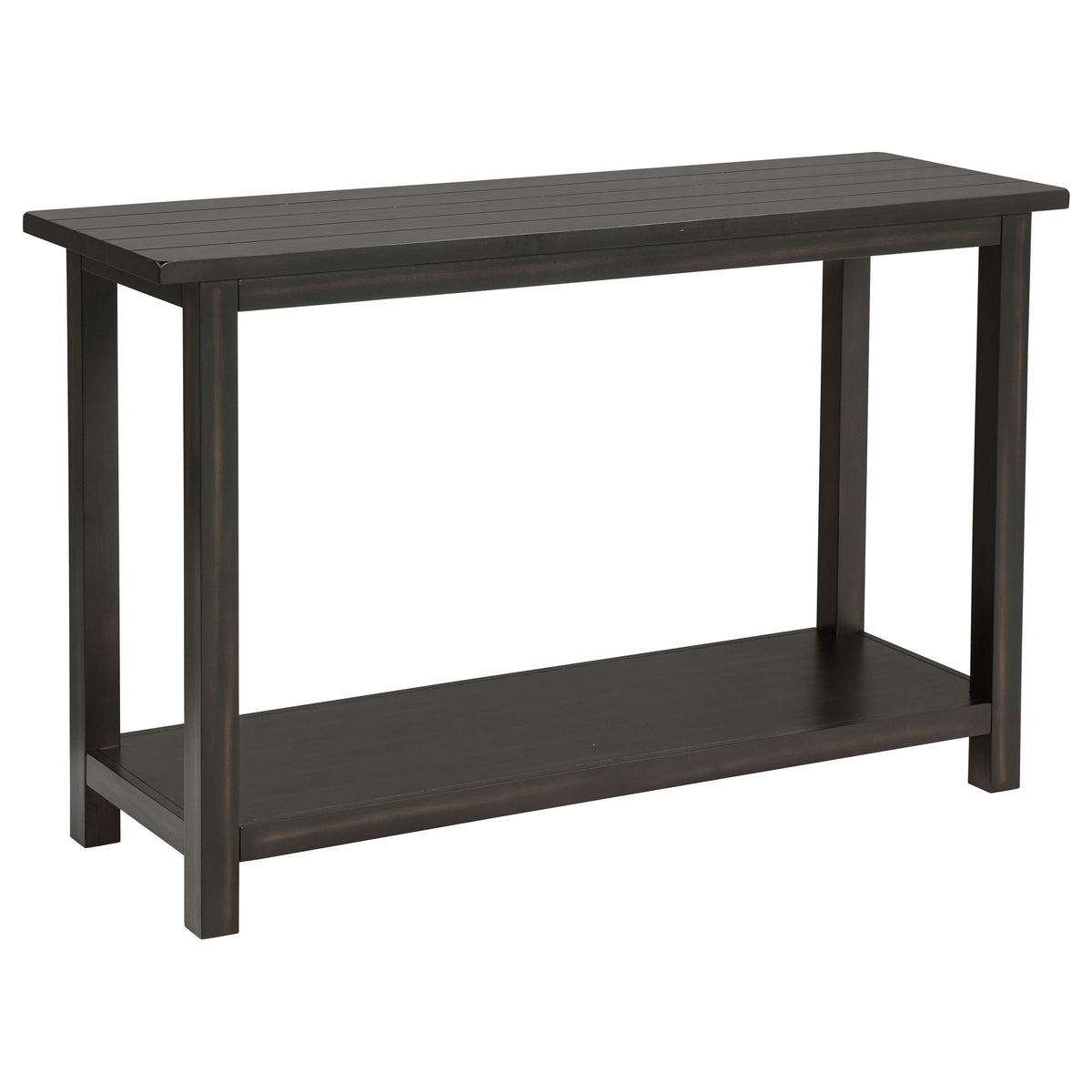 Rectangular dark wood table with slatted top and lower shelf