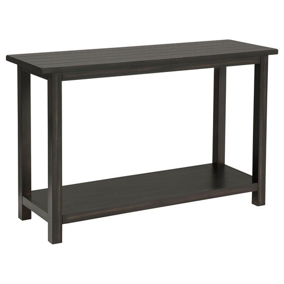 Rectangular dark wood table with slatted top and lower shelf