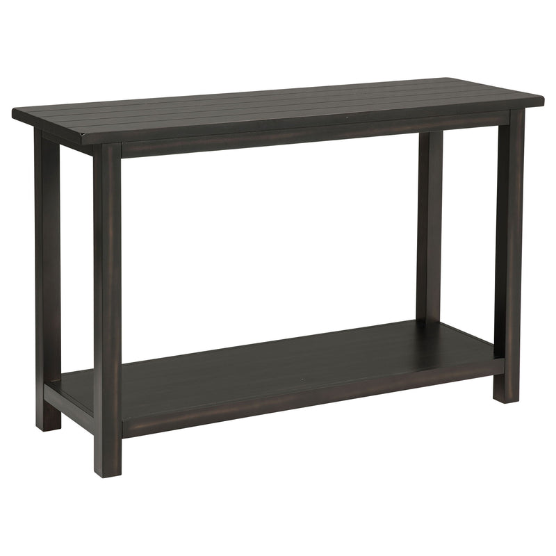 Rectangular dark wood table with slatted top and lower shelf