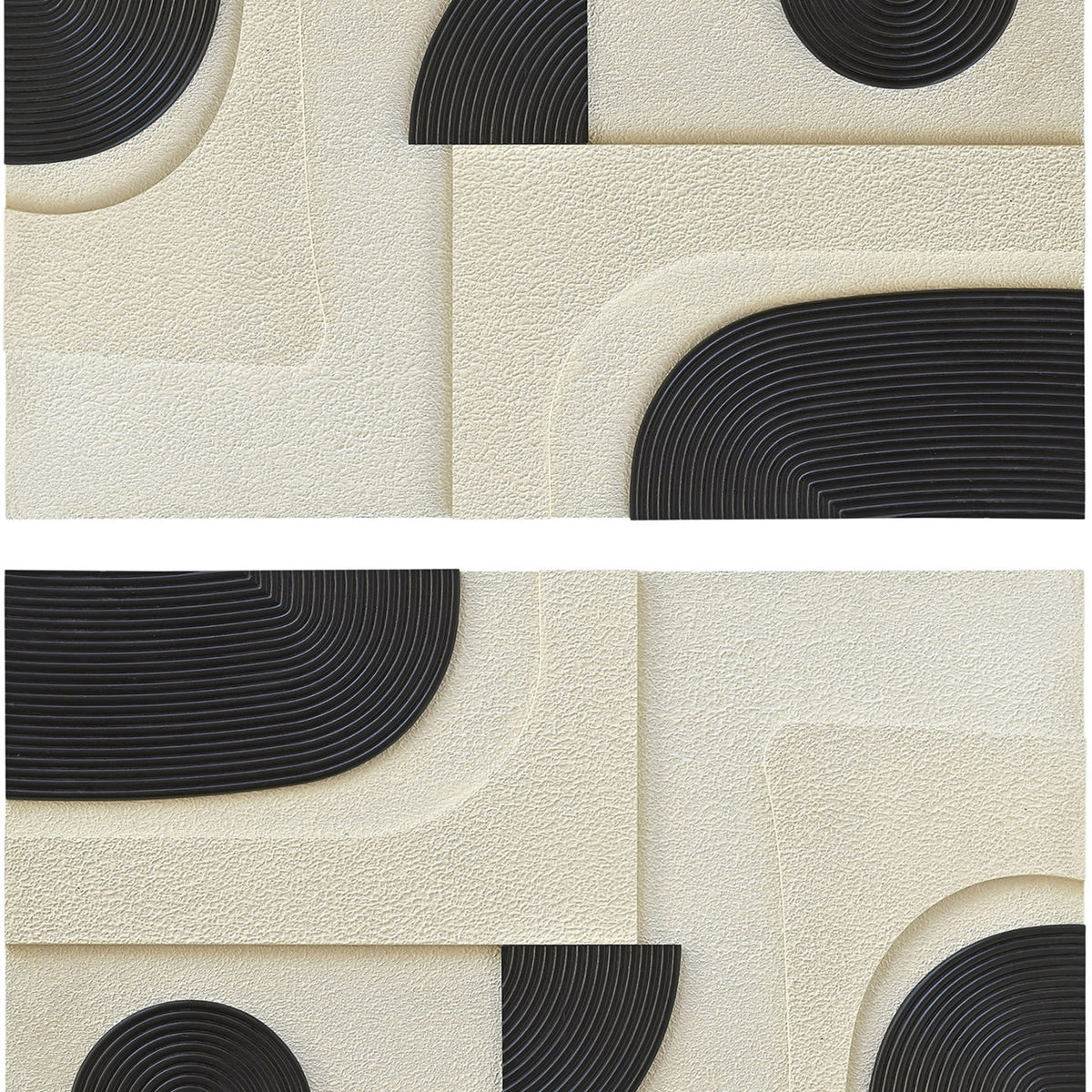 Two-piece wall art close-up with cream textured blocks and black spiral wood arcs