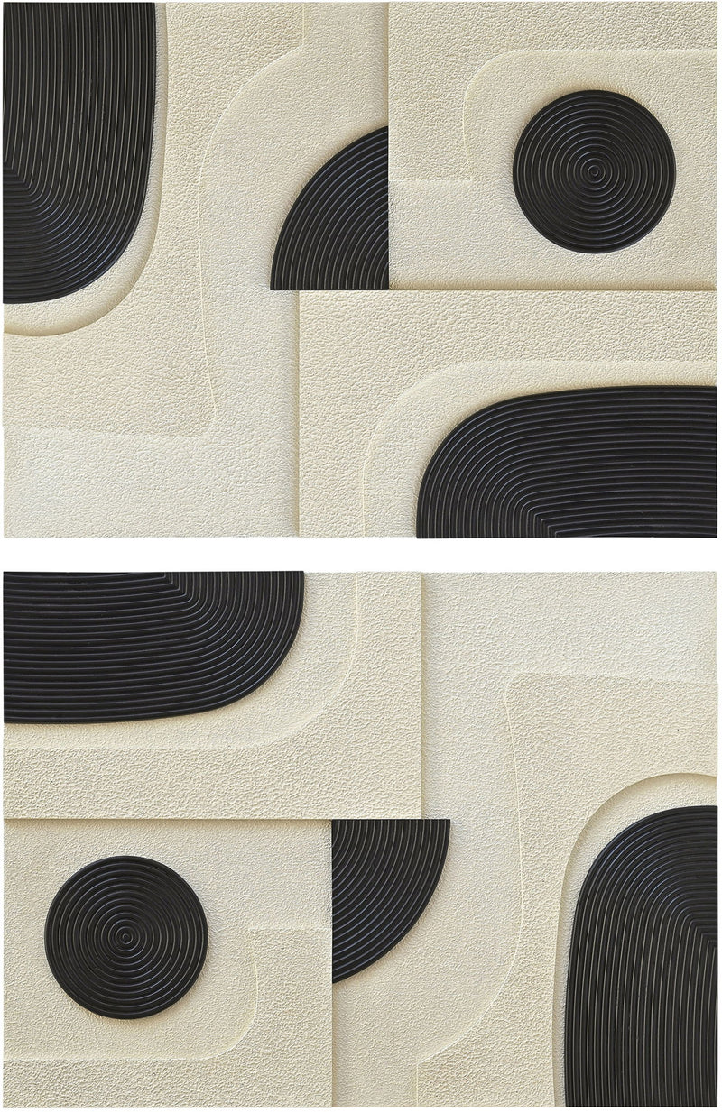 Two-piece wall art close-up with cream textured blocks and black spiral wood arcs