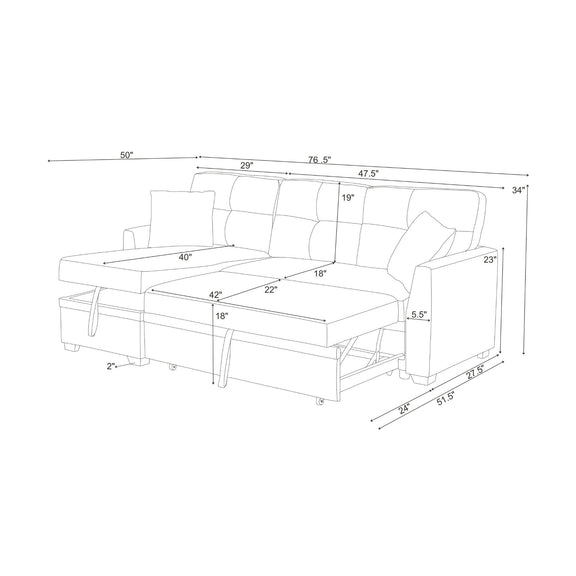 Upholstered sectional sofa layout with pull-out bed and chaise dimensions diagram