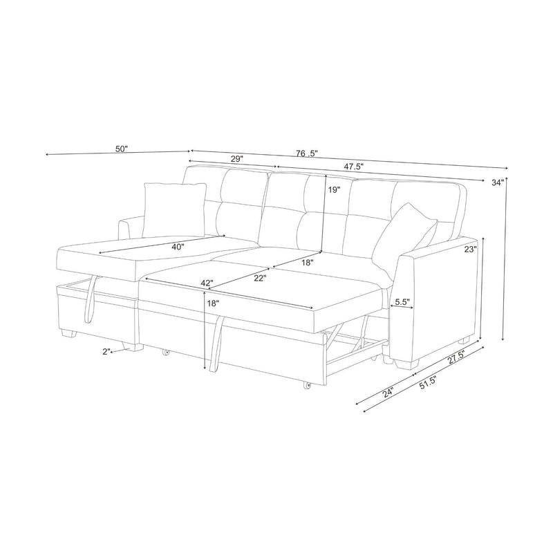 Upholstered sectional sofa layout with pull-out bed and chaise dimensions diagram