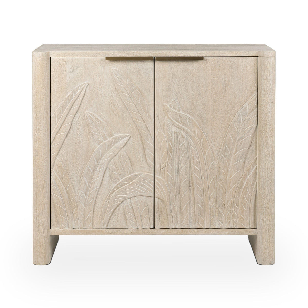 Cream 2-door cabinet front with carved leaf relief and brushed metal bar handles