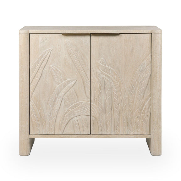 Cream 2-door cabinet front with carved leaf relief and brushed metal bar handles