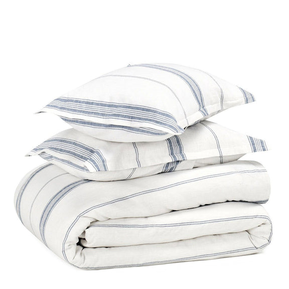 Folded linen cashmere duvet in white with blue stripe bands, with matching shams