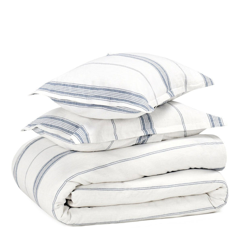 Jayson linen cashmere sham in white with blue stripe border, square pillow