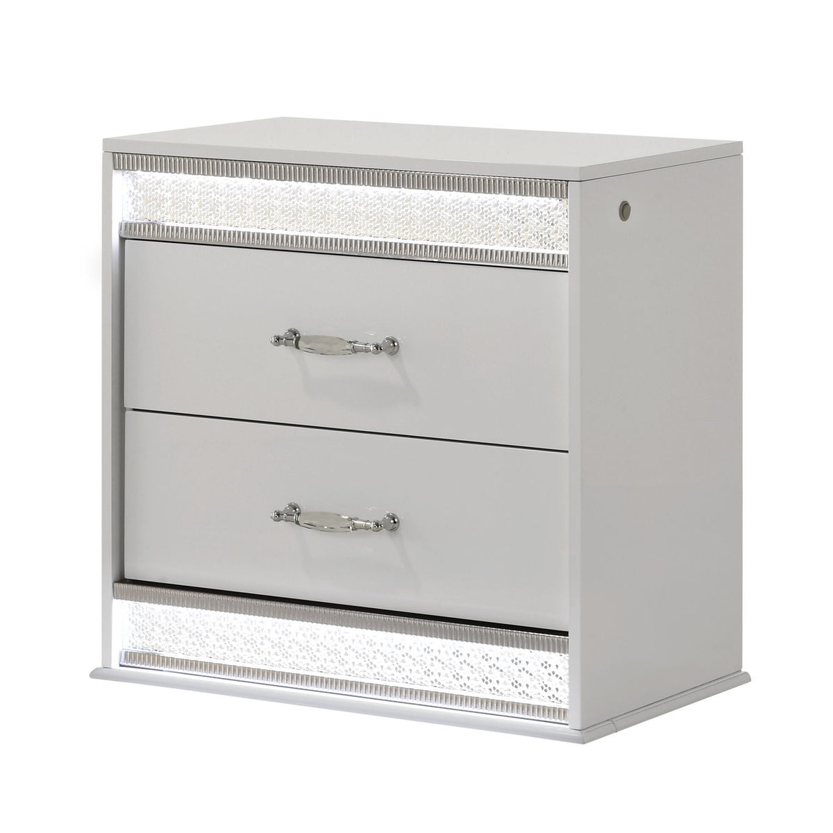 White 2-drawer nightstand with crystal-like LED trim and metal drawer pulls