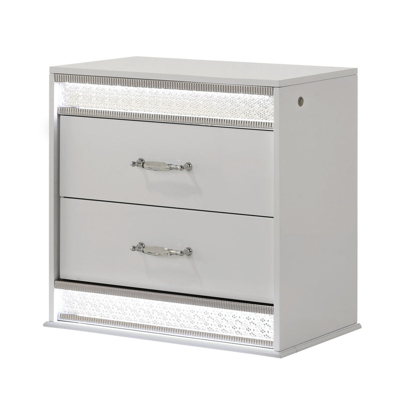 White 2-drawer nightstand with crystal-like LED trim and metal drawer pulls