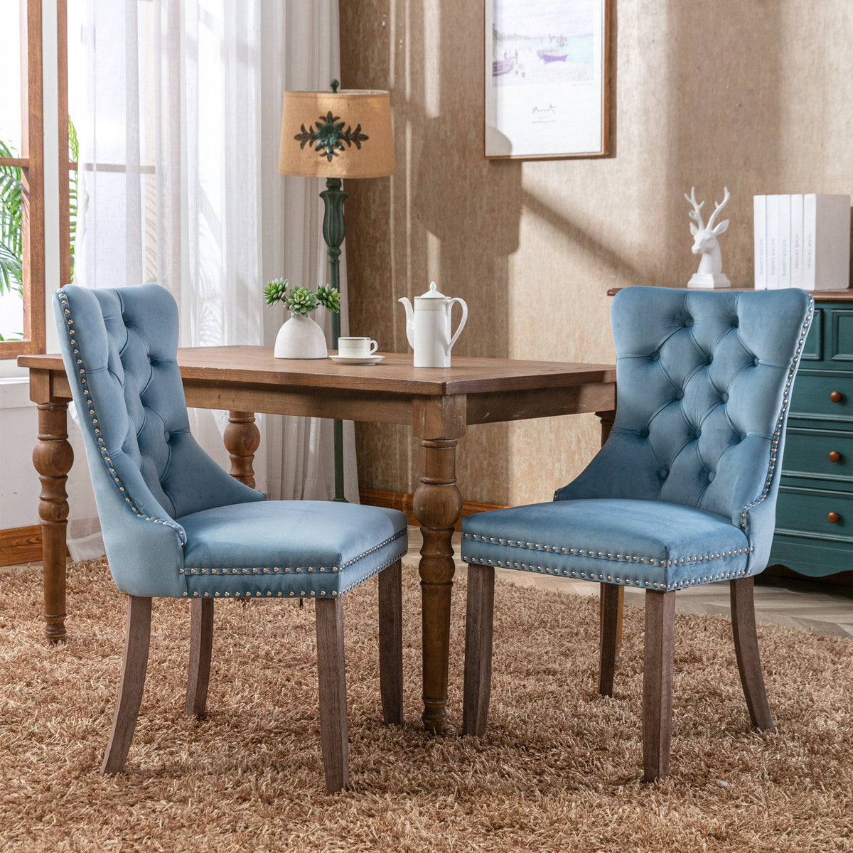 Light blue tufted dining chair set of 2 with button back and nailhead trim