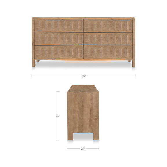 Natural wood dresser front view with long drawer fronts and tapered legs