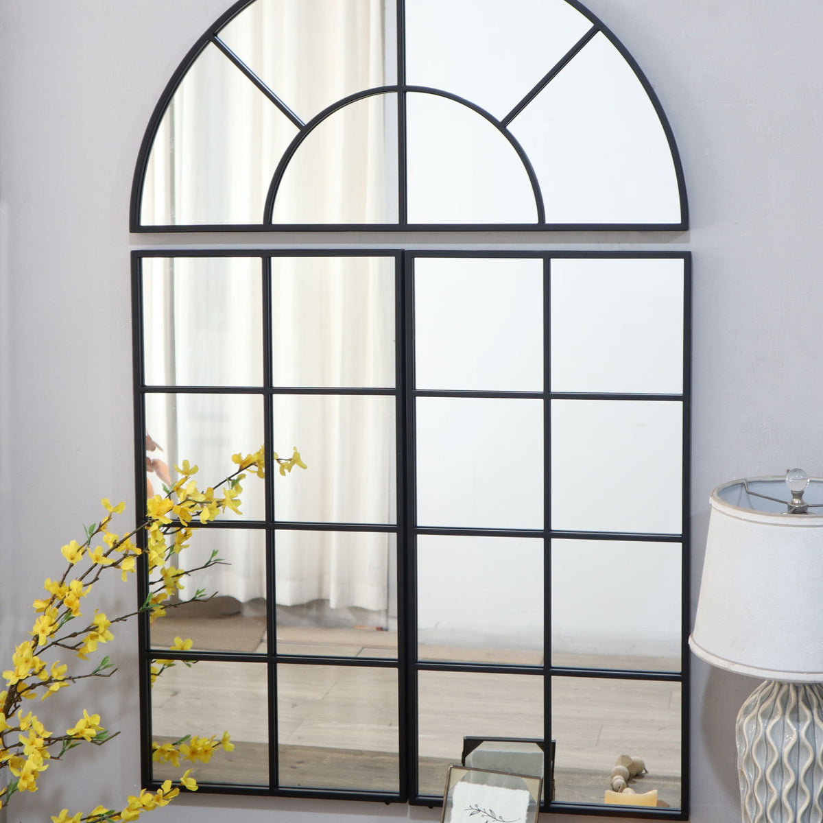 Large Arched Wall Mirror With 3 Separate Sections - Black