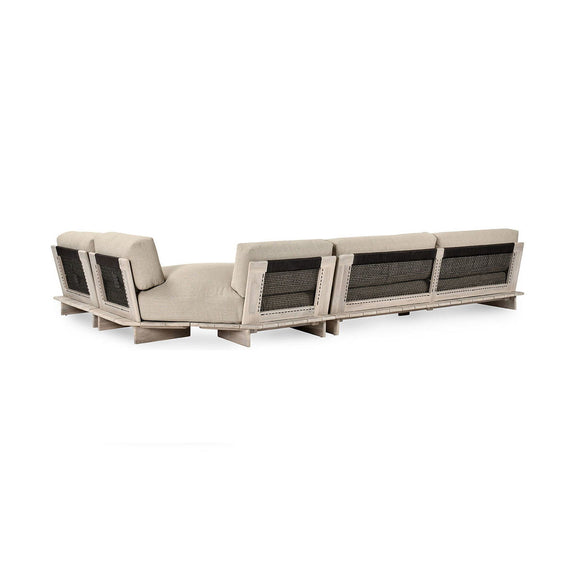 Taupe 3-piece outdoor sectional sofa with beige cushions and woven accent panels