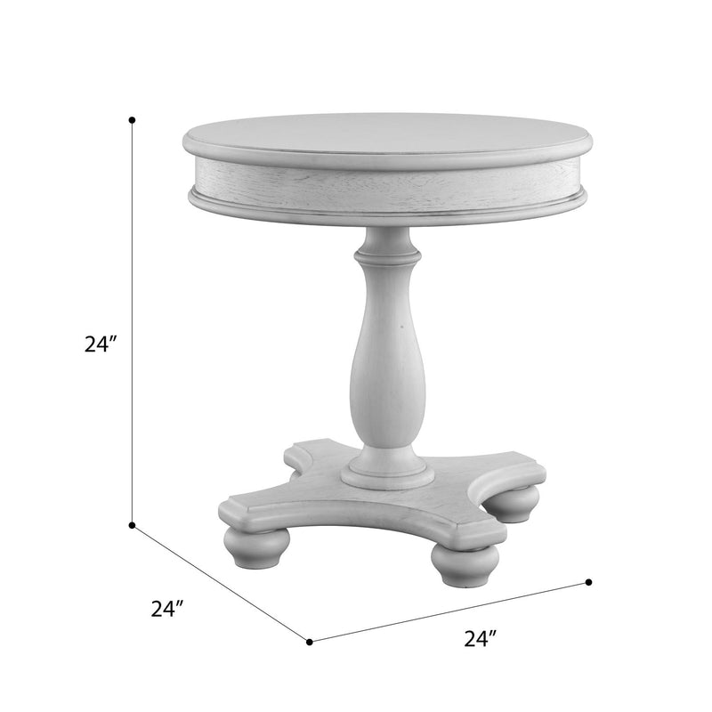 Gray round end table, pedestal base; 24" height and 24" width
