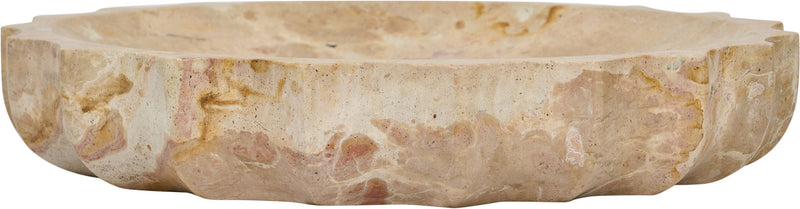Beige genuine marble bowl, side view, with natural speckles and scalloped rim