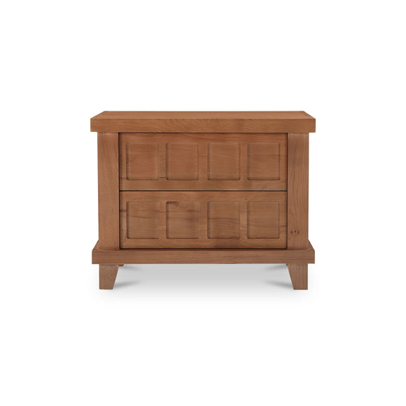 Wood nightstand with wide top and two storage drawers, centered front view