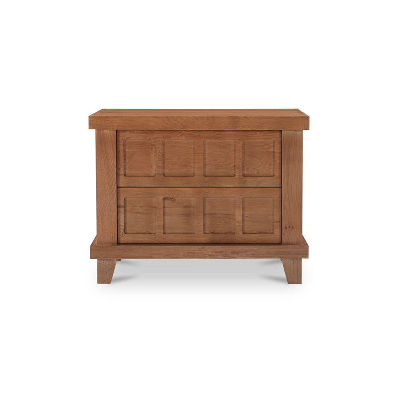 Wood nightstand with wide top and two storage drawers, centered front view