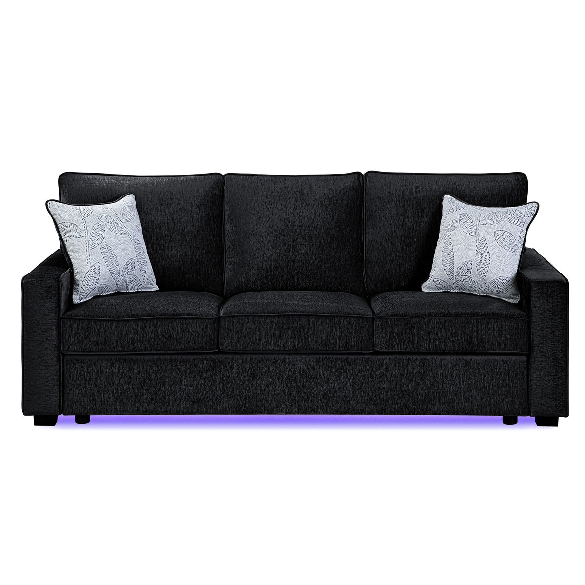 Dark gray upholstered 3-seat sofa with 2 patterned throw pillows and LED base light