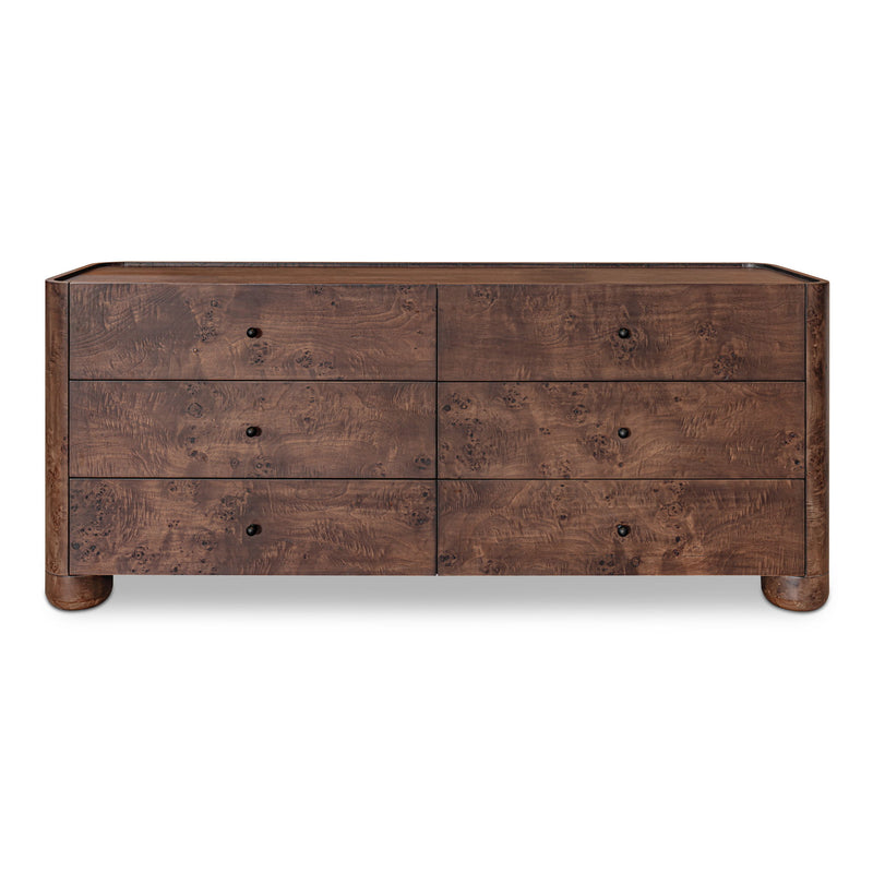 Gibson dark brown dresser with six drawers, round knobs, and short rounded feet