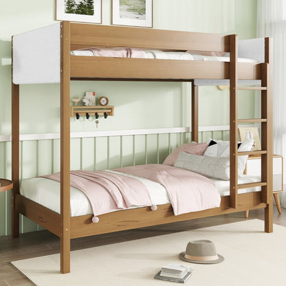 Twin Over Twin Bunk Bed with Boucle Upholstered Headboard and Footboard, Ladder, Safety Guardrails, Rubber Wooden Bunk Bed, Natural