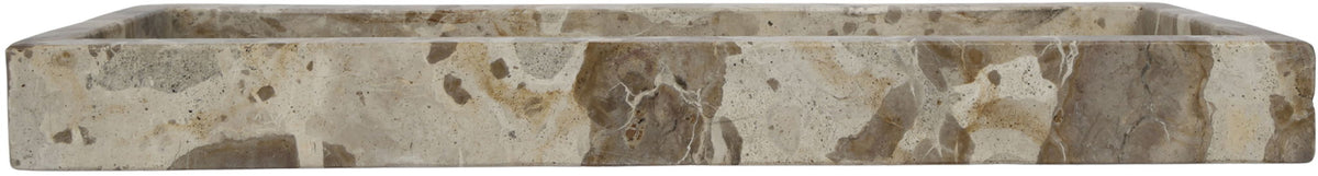 Light gray speckled marble tray with smooth front lip and raised rim