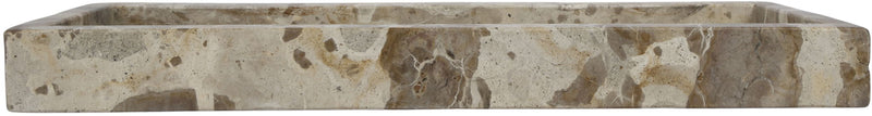 Light gray speckled marble tray with smooth front lip and raised rim