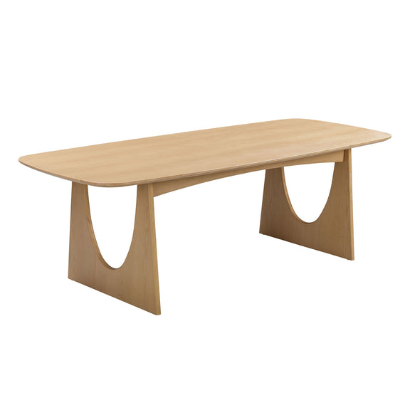 Light brown dining table with rounded rectangular top and sculpted trestle cutout base