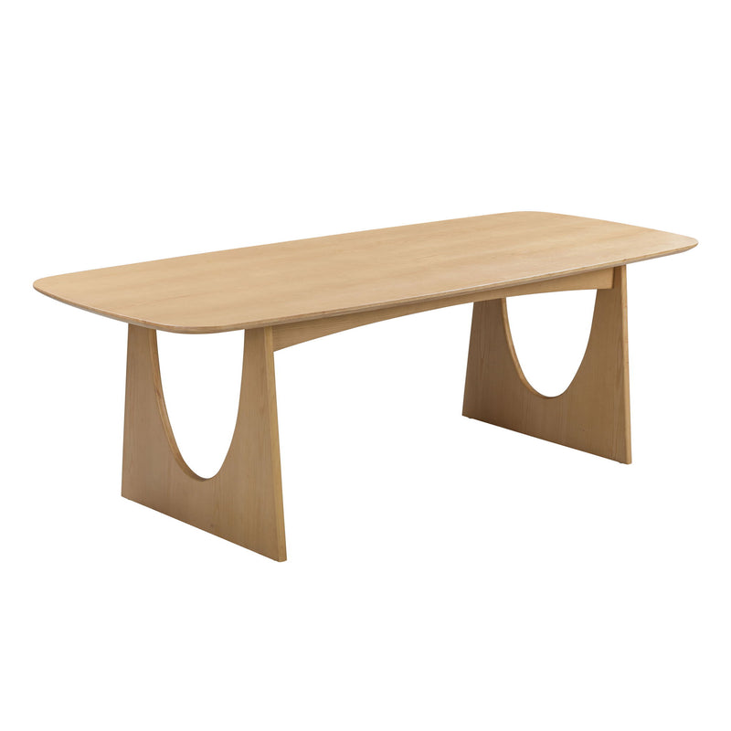 Light brown dining table with rounded rectangular top and sculpted trestle cutout base