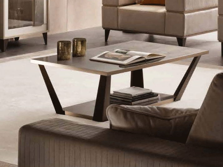 Beige coffee table with dark brown legs and lower shelf, rectangular top