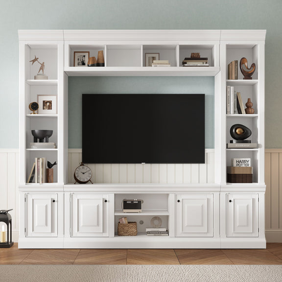 White TV stand hutch with open shelving, center TV opening, and lower cabinet storage