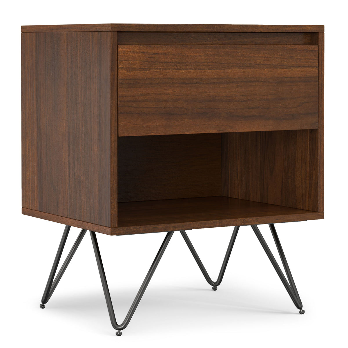 Dark brown wood nightstand with one drawer and open lower shelf, tapered black legs