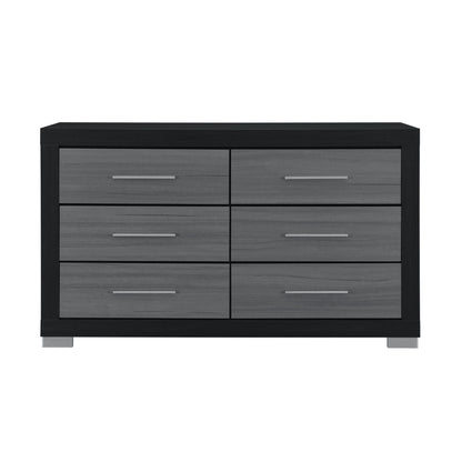 Two-tone dresser with six drawers and bar handles, dark gray frame and gray fronts