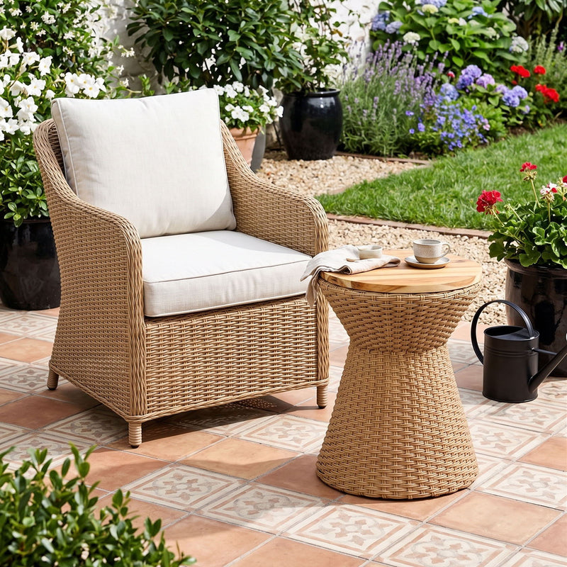 Woven wicker side stool with round lid; tan-brown basket weave