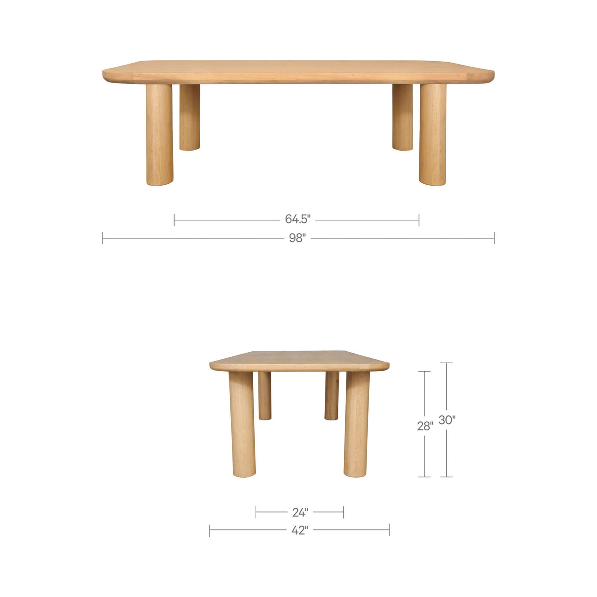 Natural dining table with rounded top and measurement diagram for size