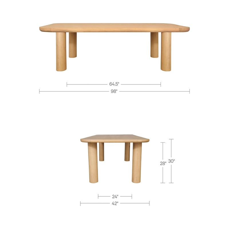 Natural dining table with rounded top and measurement diagram for size